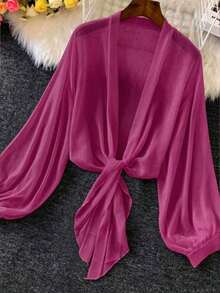 Linhara Plus Size Casual Solid Color Front Tie Loose Long Sleeve Shirt - Hot Pink - View 1