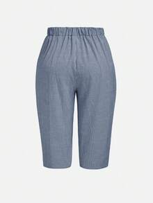 SHEIN LUNE CURVE Plus Size Women's Spring/Summer Linen Striped Casual Comfortable Basic Striped Pants, Everyday/Beach Wear Capri Pants With Button Decor - Navy Blue - View 2