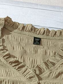 SHEIN LUNE CURVE 大码女式纯色纹理V领荷叶边花瓣袖修身休闲常规衬衫 - 杏色 - 查看 5