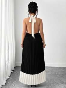 SHEIN Clasi Plus Size Women's Summer Elegant Sexy Vacation Style Contrast Color Pleated Backless Halter Dress - Black and White - View 2