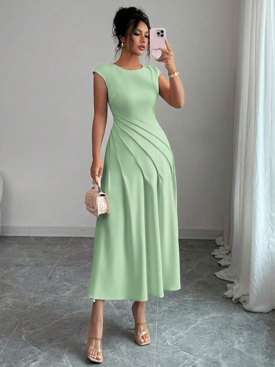 Selianne Vestido plisado de hombros caídos con estilo francés romántico para fiesta de té, adecuado para primavera y verano - verde menta - Ver 1