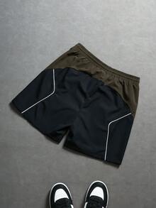 Manfinity ZONE917 Men's Contrast Color Patchwork Letter Print Drawstring Waist Shorts, Holiday - Coffee Brown - View 2