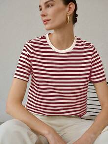 MOTF PREMIUM KAOS WANITA LENGAN PENDEK LEHER BULAT SERBAGUNA, ATASAN BERGARIS KASUAL SERBAGUNA UNTUK MUSIM PANAS - Burgundy - View 5