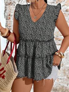 EMERY ROSE Blusa elegante de talla grande tejida con estampado floral, cuello en V, mangas volantes y ribete de volantes, adecuada para vacaciones, exteriores, uso diario, primavera/verano - Negro - Ver 4