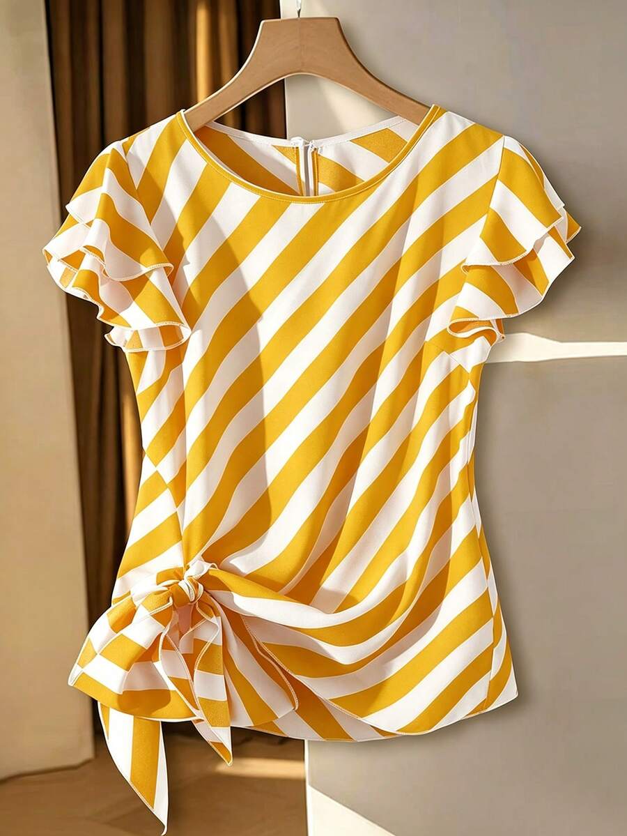 SHEIN LUNE 女士春夏新款优雅通勤活力条纹荷叶边短袖衬衫,侧边系带设计,百搭休闲度假红白条纹衬衫 - 黃色 - 查看 1