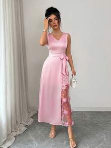Elenzga Đầm cổ chữ V thêu họa tiết nơ 3D ngọt ngào dành cho nữ - Hồng - Xem 5
