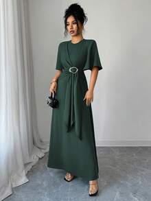Elenzga Đầm maxi dài tay dáng chữ A, màu trơn, thanh lịch, thoải mái dành cho nữ, thích hợp đi làm, đi nghỉ mát, dự tiệc trà chiều, phù hợp cho mùa Xuân/Thu/Đông. - Màu xanh lá cây đậm - Xem 4