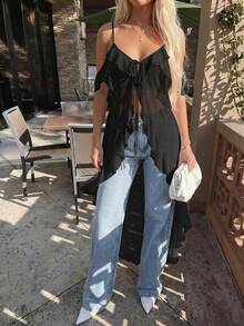 Firerie Áo hai dây maxi cổ chữ V xếp ly xuyên thấu gợi cảm kiểu Bohemian dành cho nữ, thích hợp cho lễ hội âm nhạc, kỳ nghỉ biển. - màu đen - Xem 3