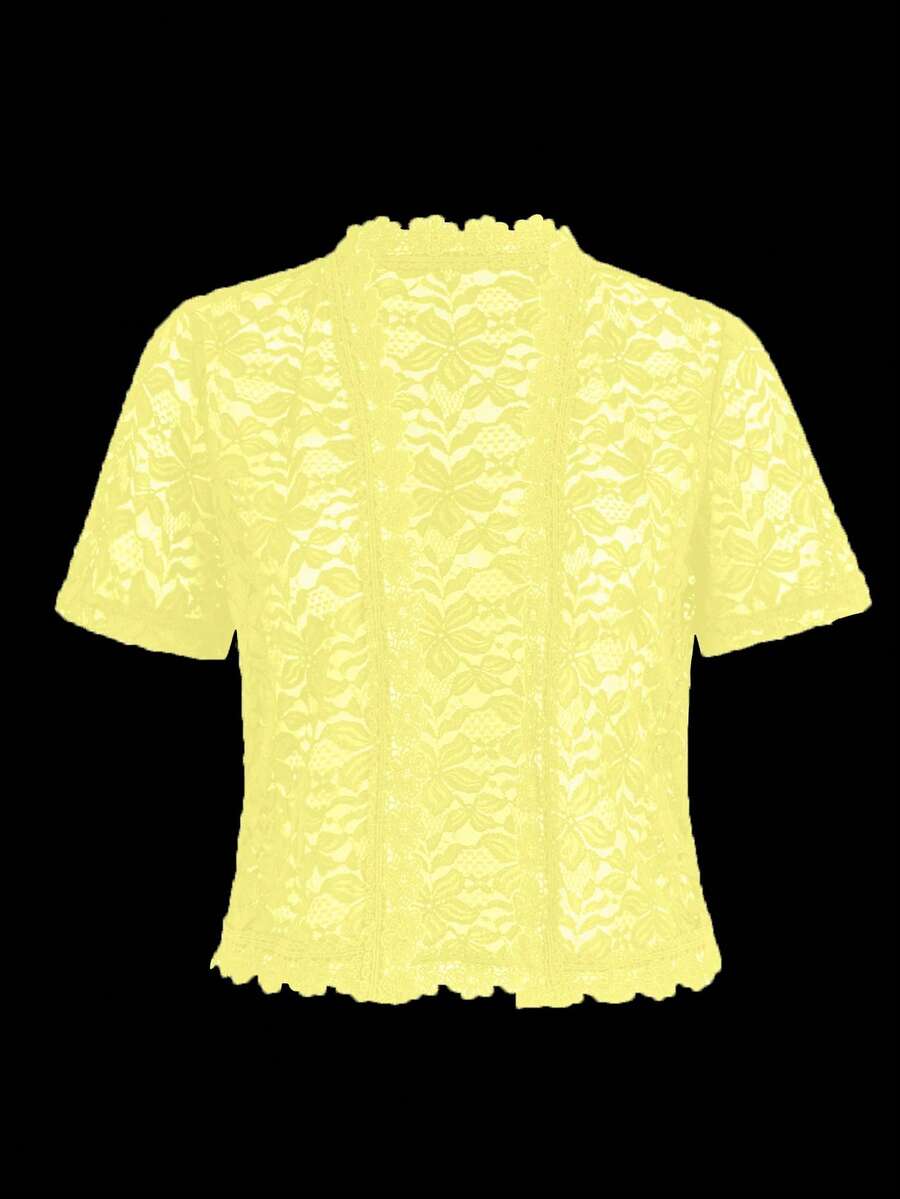 EMERY ROSE Ladies' Summer Solid Color Lace Patchwork Casual Open Front Jacket For Holiday Party Clothes - Light Yellow - View 1