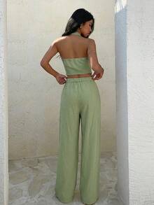 Aloruh 2 pièces : Ensemble décontracté élégant et minimaliste en lin mélangé, coloré. Convient pour les festivals de musique de printemps/été, Pâques, la Saint-Patrick, style occidental, style nomade, fête d'anniversaire, cérémonie de remise des diplômes, style universitaire, tenue quotidienne, décontractée, vacances, croisière, plage, bronzage, best-seller, streetwear, tenue de mariage bohème, trajet domicile-travail, brunch, mode aéroportuaire, avec un Top court texturé marron à nœud asymétrique et un pantalon large en lin - Vert - Voir 2