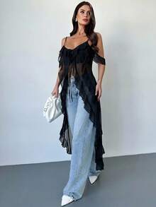 Firerie Áo hai dây maxi cổ chữ V xếp ly xuyên thấu gợi cảm kiểu Bohemian dành cho nữ, thích hợp cho lễ hội âm nhạc, kỳ nghỉ biển. - màu đen - Xem 9