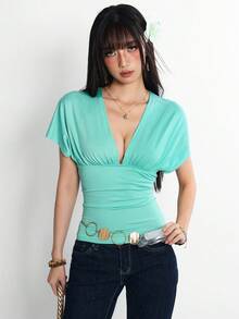 Rina Fox 女款薄荷藍深V領露背短袖修身上衣 - 薄荷藍 - 查看 7