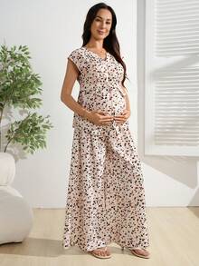 SHEIN Bộ đồ bầu mùa hè, áo không tay thắt eo in hoa và quần ống rộng cạp cao, bộ 2 món rộng rãi và thoải mái cho bà bầu. - Nhiều màu - Xem 7