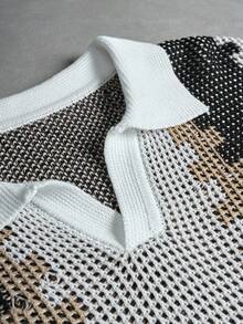 Manfinity Hypemode Men's Casual Contrast Color Polo Collar Short Sleeve Knit Top, Summer - Black and White - View 6
