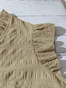SHEIN LUNE CURVE 大码女式纯色纹理V领荷叶边花瓣袖修身休闲常规衬衫 - 杏色 - 查看 4