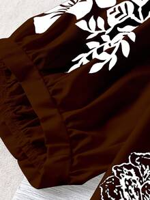 Linhara Versatile Mid-Sleeve V-Neck Floral Print Casual Shirt, Suitable For Commuting, Vacation, Fits Multiple Occasions, Plus Size - Brown - View 4