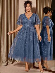 Cravure Plus Size Elegant Party Red V-Neck Mesh Sequin Ruffle Hem Dress - Baby Blue - View 7