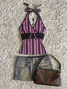IslaSuriya Women's Striped Contrast Color Lace Patchwork Halter Neck Camisole - Multicolor - View 5