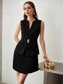 MOTF PREMIUM VESTIDO SIN MANGAS CON CUELLO EN V, BAJO PLISADO Y DECORACIÓN DE BOTONES, ELEGANTE Y DE MODA, ADECUADO PARA EL TRABAJO, PRIMAVERA/VERANO - Negro - Ver 3