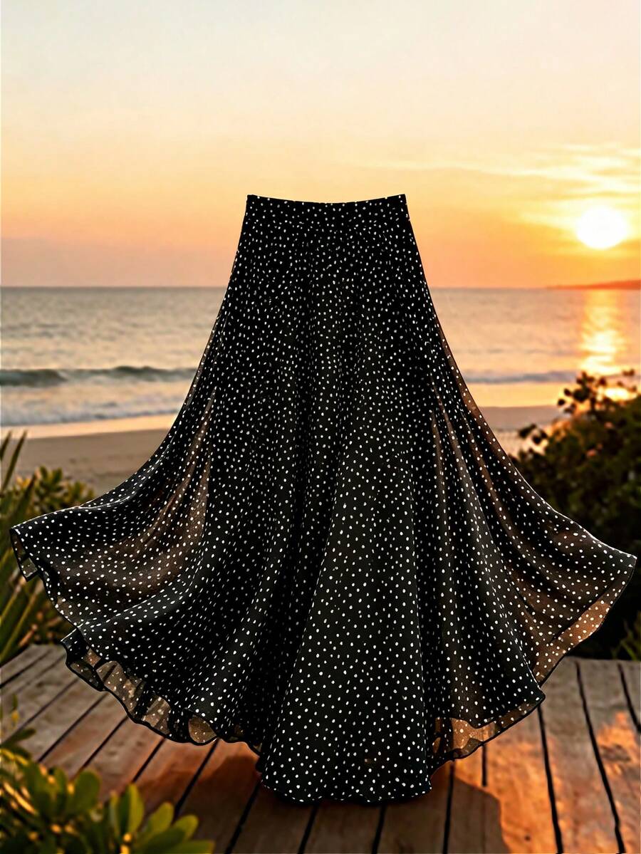 Modelyn Plus Size Women's Elegant Polka Dot Chiffon Skirt, Suitable For Commuting Fall - Black - View 1