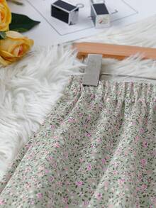 SHEIN LUNE 女款長輩碎花印花鬆緊腰長裙 - 綠色 - 查看 5