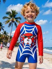 SHEIN Baby Boy Cute Spider Web Pattern Contrast Color Blue Long Sleeve Rash Guard Swimsuit,Suitable For Vacation,Beach,Surfing,Swimwear,Sleeves - Blue - View 4