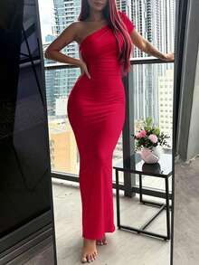 INAWLY Solva Đầm lệch vai ôm sát, xếp ly, thanh lịch dành cho nữ, thích hợp cho các buổi hẹn hò. - Đỏ - Xem 4