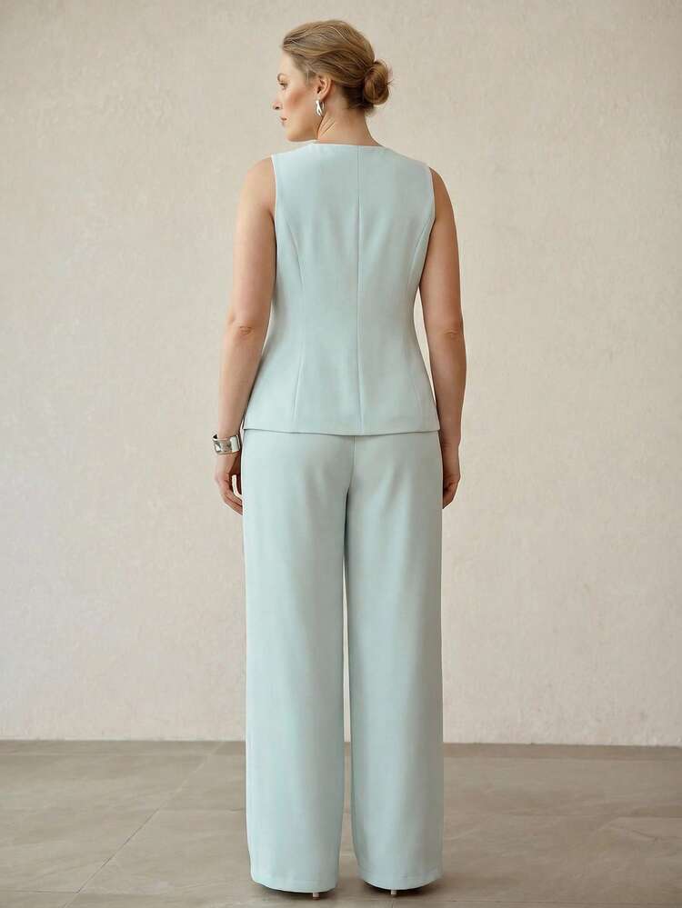 PLUS SIZE WOMEN METAL BUTTON DECOR SLEEVELESS VEST AND WIDE LEG PANTS 2 PIECES SET