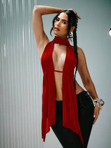 Denimoi Top cropped feminino sexy com decote halter nas costas e laços, ideal para festivais de música e bares. - Vermelho - Ver 5