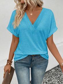 EMERY ROSE Kaos Wanita Lengan Pendek Leher V Warna Polos, Kasual dan Serbaguna - Biru - View 4