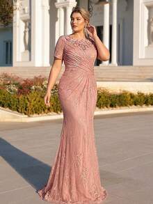 Serin Plus Size Elegant Romantic Lace Round Neck Short Sleeve Ruched Fitted Fishtail Hem Dress, Suitable For All Formal Occasions, Bridal Mother Dress - Dusty Pink - View 3