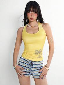 INAWLY 女士黄色椰子树印花露背吊带背心 - 黃色 - 查看 5