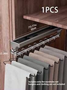 1pc Gunmetal Gray Pull-Out Sliding Clothes Hanger, Convenient And Quick, Multi-Functional Wardrobe Storage, With Painted Metal Hangers, Heavy-Duty Adjustable Clothes Rod, Space-Saving Aluminum Hanger Rod, Suitable For Bedroom Wardrobes, Apartments, And Dormitories. - Grey - View 13