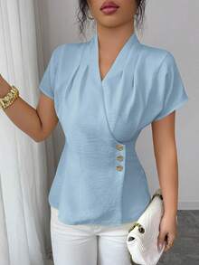 Selianne Women's Elegant Smart Casual Sicilian Style V-Neck Short Sleeve Blouse, Light Blue, Summer, Office, Work, Lightweight, Suitable For Commute, Party - Baby Blue - View 4
