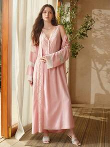MOTF PREMIUM 2PCS ELEGANT LACE ROMANTIC PATCHWORK NIGHTGOWN & CASUAL LUXURY LACE TRIM ROBE SET - Pink - View 7