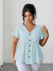 Elenzga Plus Size Bamboo Knot V-Neck Casual Solid Color Short Sleeve Blouse - Blue - View 4