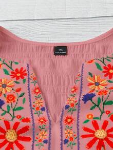 Linhara Plus Size Elegant Embroidery Digital Print Ruffle Sleeve Casual Vacation T-Shirt, Slimming Effect, Spring/Summer - Pink - View 7