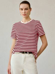 MOTF PREMIUM KAOS WANITA LENGAN PENDEK LEHER BULAT SERBAGUNA, ATASAN BERGARIS KASUAL SERBAGUNA UNTUK MUSIM PANAS - Burgundy - View 6