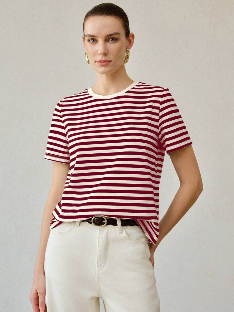 WOMEN'S ALL-MATCH ROUND NECK SHORT SLEEVE T-SHIRT, CASUAL VERSATILE STRIPED TOP FOR SUMMER