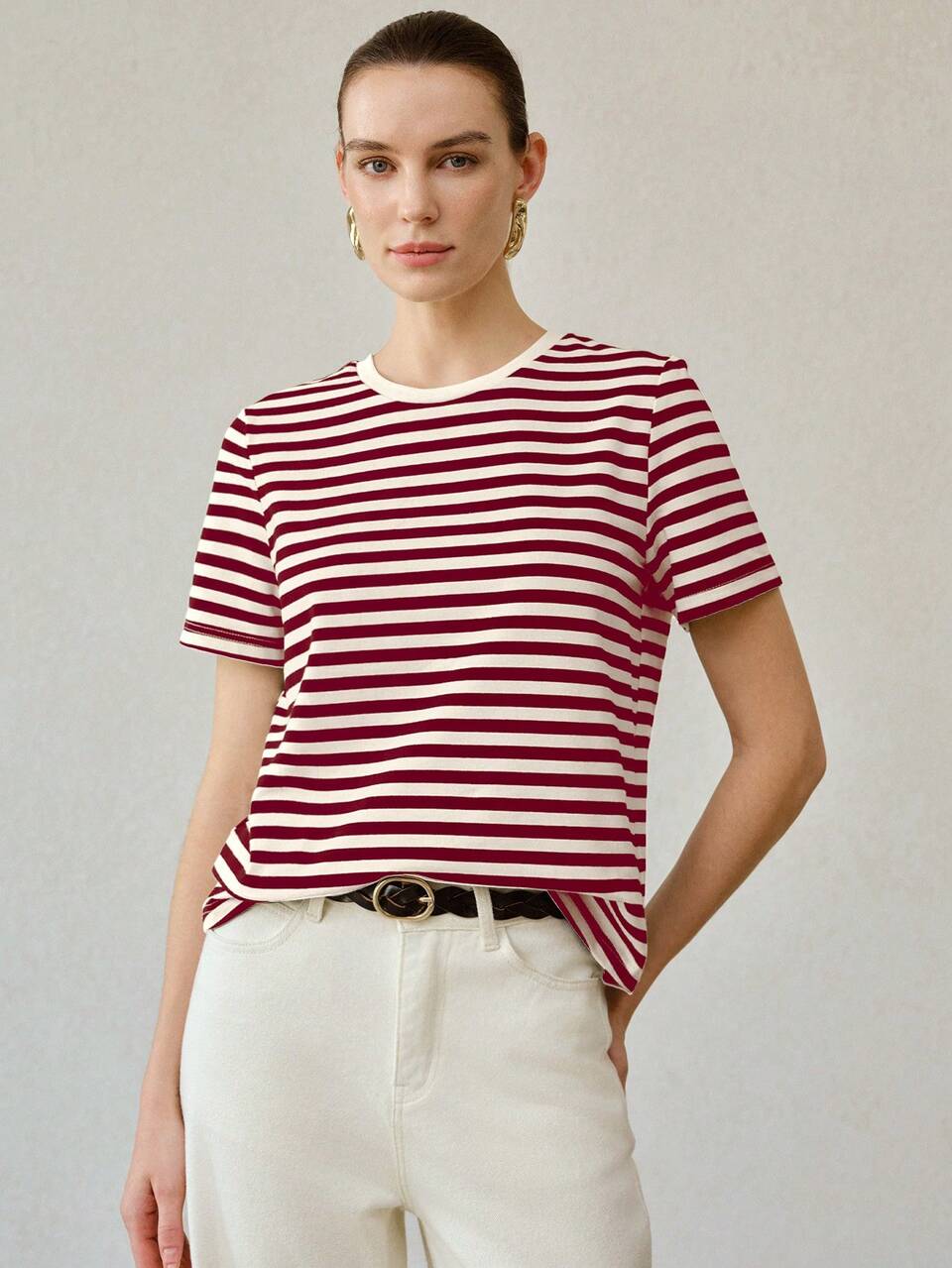 MOTF WOMEN'S ALL-MATCH ROUND NECK SHORT SLEEVE T-SHIRT, CASUAL VERSATILE STRIPED TOP FOR SUMMER