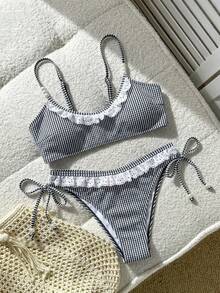 Swim Mod 女童条纹吊带背心式泳衣上装和V领比基尼泳裤套装（2件套） - 黑與白 - 查看 6