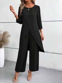 EMERY ROSE Women's Solid Color 3/4 Sleeve Shirt And Elastic Waist Pants 2 Pieces Set - Black - View 3