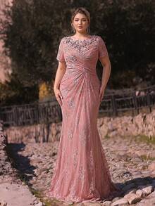 Serin Plus Size Elegant Romantic Lace Round Neck Short Sleeve Ruched Fitted Fishtail Hem Dress, Suitable For All Formal Occasions, Bridal Mother Dress - Dusty Pink - View 8