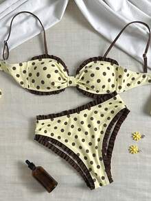 Swim Mod 女童波点印花带衬垫褶皱吊带背心式上衣和高腰荷叶边三角泳裤套装 - 彩色 - 查看 6