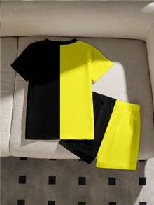 Set de 2 piezas de camiseta con estampado de coche y pantalones cortos para niños pequeños, estampado digital en negro y amarillo, conjunto de ropa casual y de moda para niños, adecuado para usar en verano, primavera y todas las estaciones, estilo callejero limón amarillo - Multicolor - Ver 2