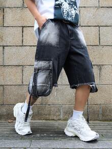 Manfinity EMRG Men's Casual Washed Big Pocket Wide Leg Cargo Denim Shorts - Light Grey - View 1