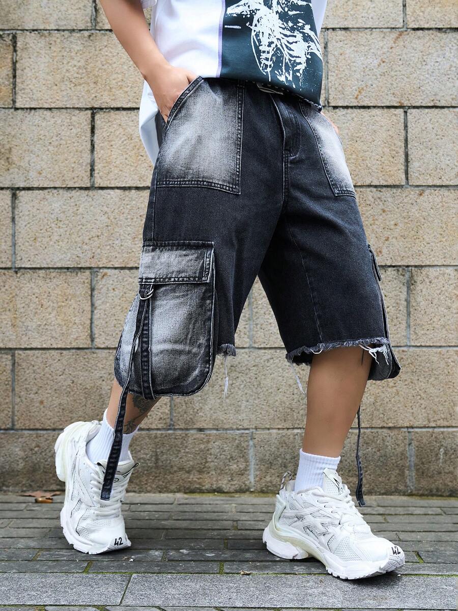 Manfinity EMRG Men's Casual Washed Big Pocket Wide Leg Cargo Denim Shorts - Light Grey - View 1