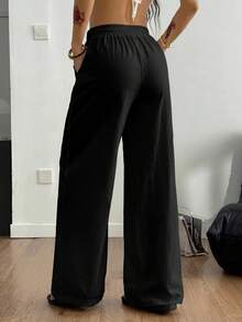 SHEIN PETITE CURVE Plus Size Women Textured Casual Drawstring Waist Pocket Long Pants Fall - Black - View 7