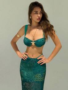 Aloruh Women's Vacation Metal Starfish Decor Tank Top And Printed Fitted Cover-Up Skirt 2-Piece Set - Green - View 3