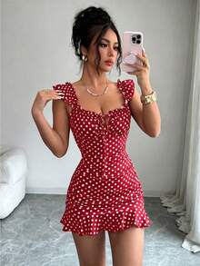 VaVaBold Vestido ajustado con estampado de lunares y volantes en el bajo - Burdeos - Ver 4
